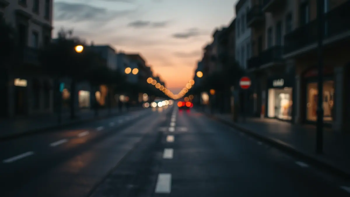 Imagen genérica de una calle solitaria al anochecer, con luces de la ciudad reflejadas en el suelo mojado.