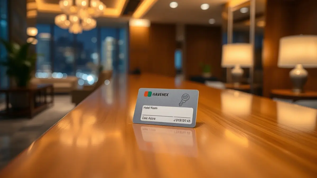 Generic image of a hotel room key card on a reception desk.
