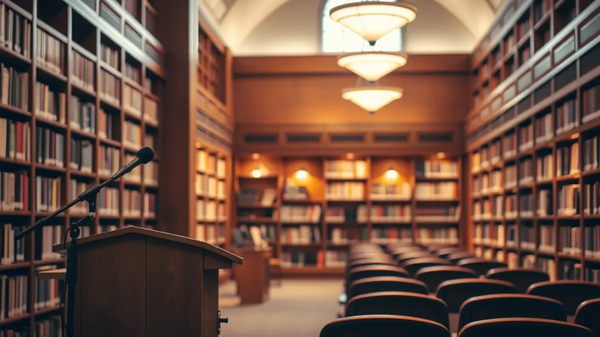 Generic image of a concert stage or an empty auditorium, with warm lighting and a microphone in the center.