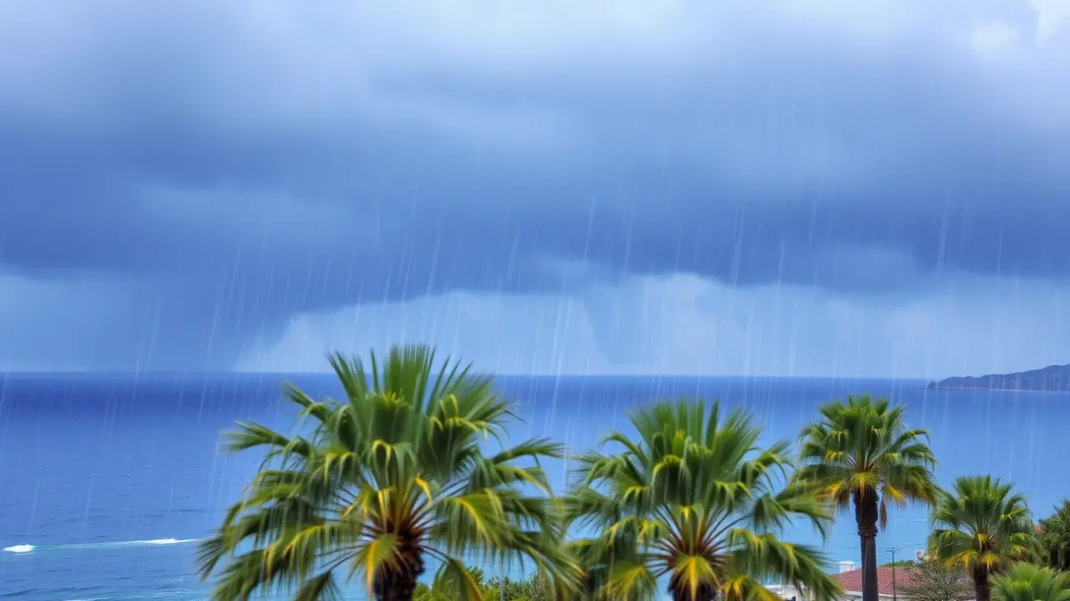 Imagen de un cielo tormentoso sobre la costa mediterránea con lluvia intensa.