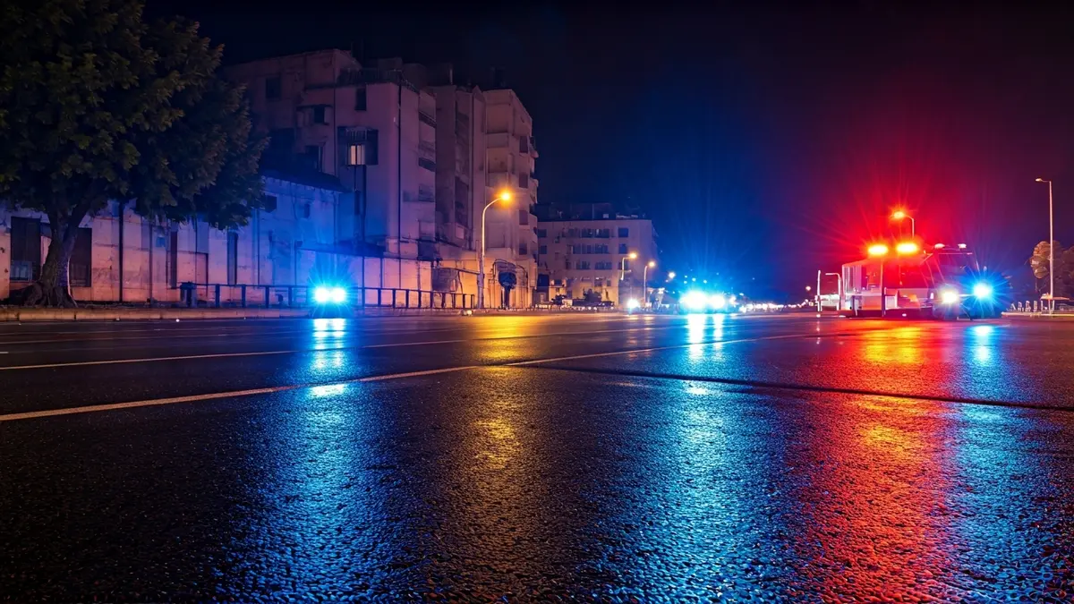 Imagen genérica de luces de emergencia reflejadas en asfalto mojado, simbolizando una alerta meteorológica.