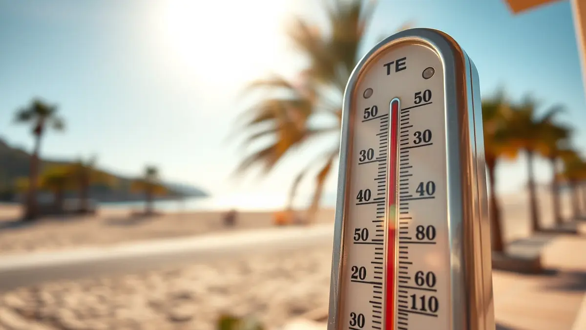 Imagen genérica de un termómetro marcando altas temperaturas con un fondo de playa soleada.