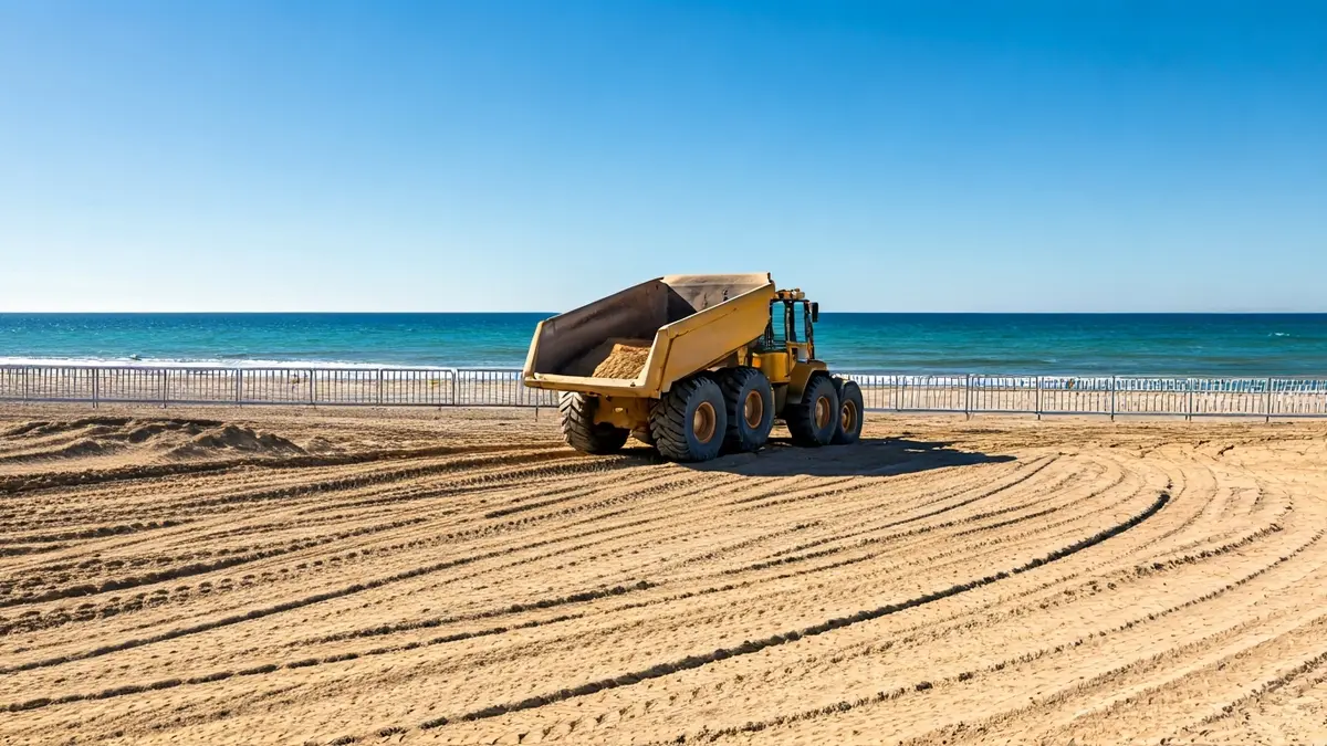 Imagen de maquinaria pesada trabajando en una playa de Málaga para restaurar la arena.