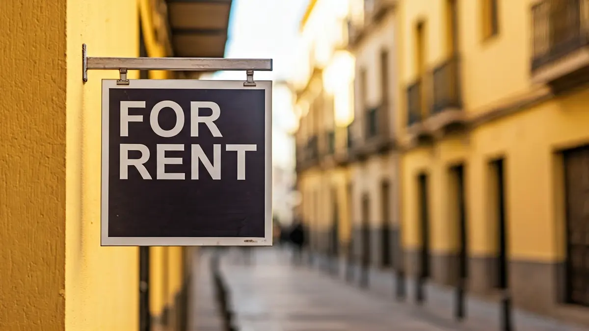 For Rent sign on an Andalusian building, symbolizing the tourist housing market.