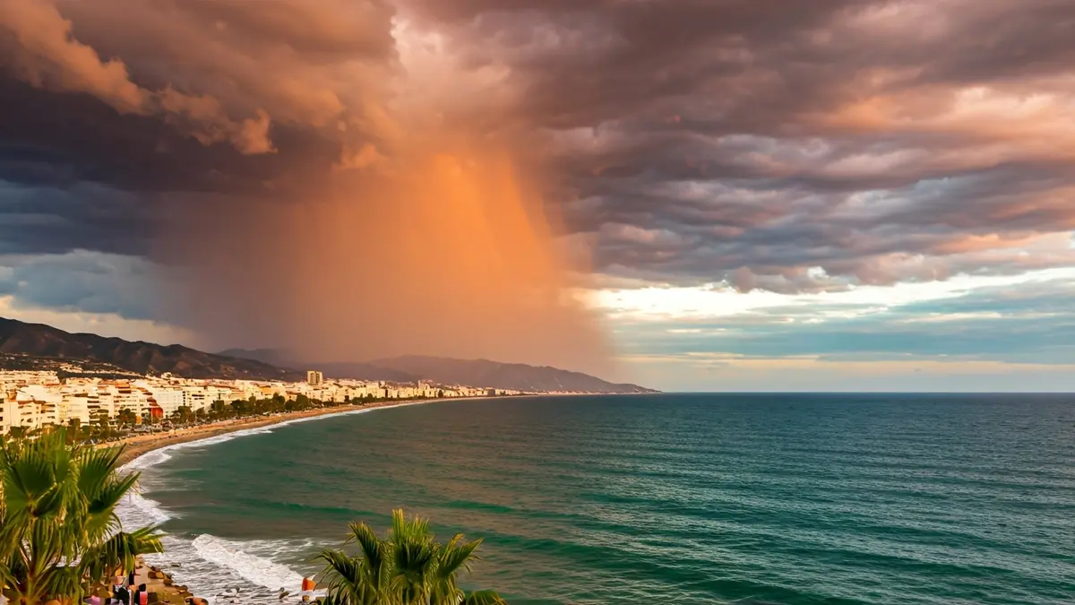 Dramatic sky over the Costa del Sol with dark clouds and a reddish tint, indicating 'blood rain'.