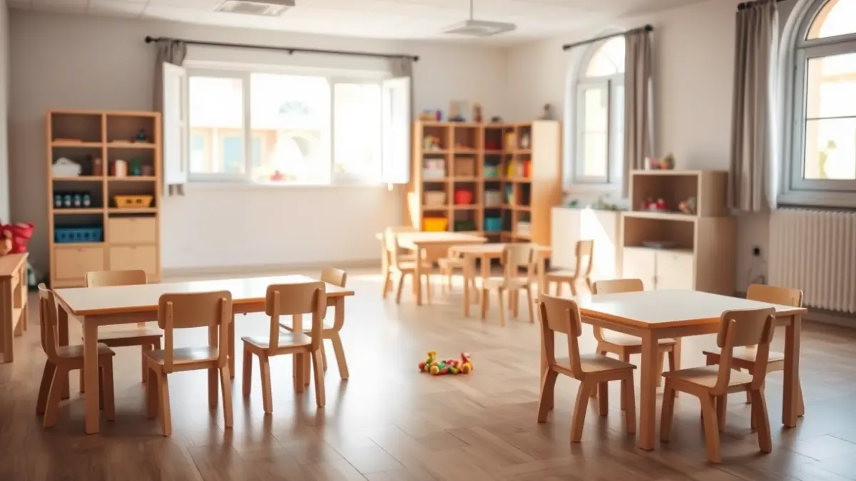 Generic image of an empty, brightly lit early childhood education classroom.