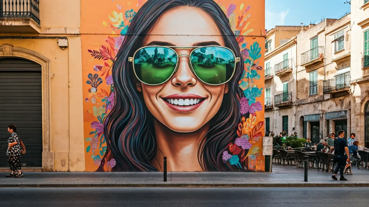 Urban art mural on a Huelva facade, featuring a smiling young woman with sunglasses.