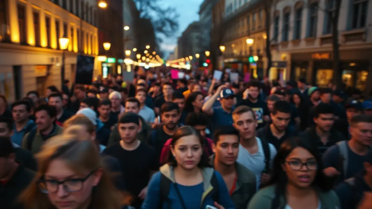 Imagen genérica de una manifestación en una calle urbana al anochecer.