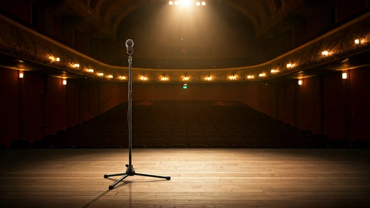 Imagen genérica de un escenario de teatro con un micrófono bajo un foco.