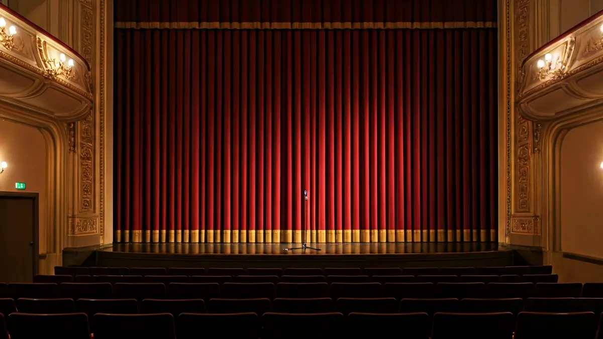Imagen genérica de un escenario de teatro con cortinas de terciopelo rojo y un micrófono.