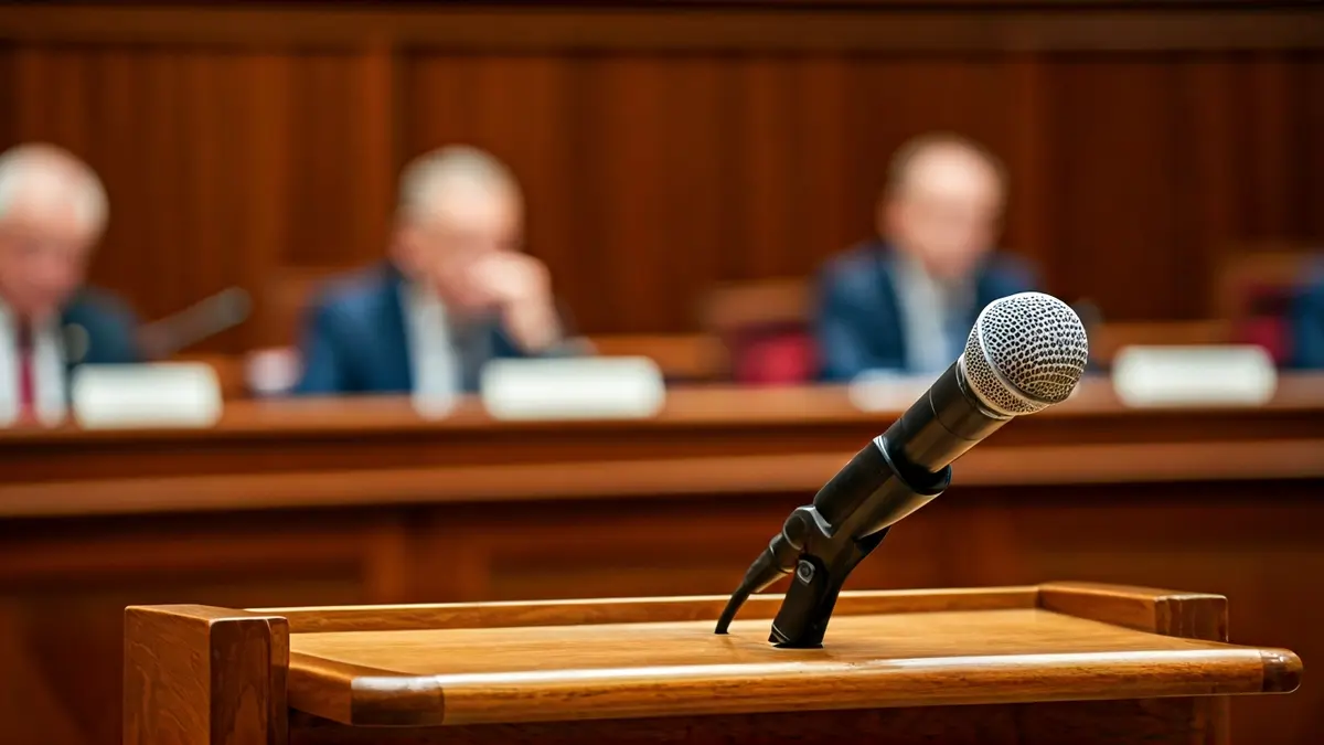 Imagen genérica de un micrófono en un podio durante una asamblea o reunión.