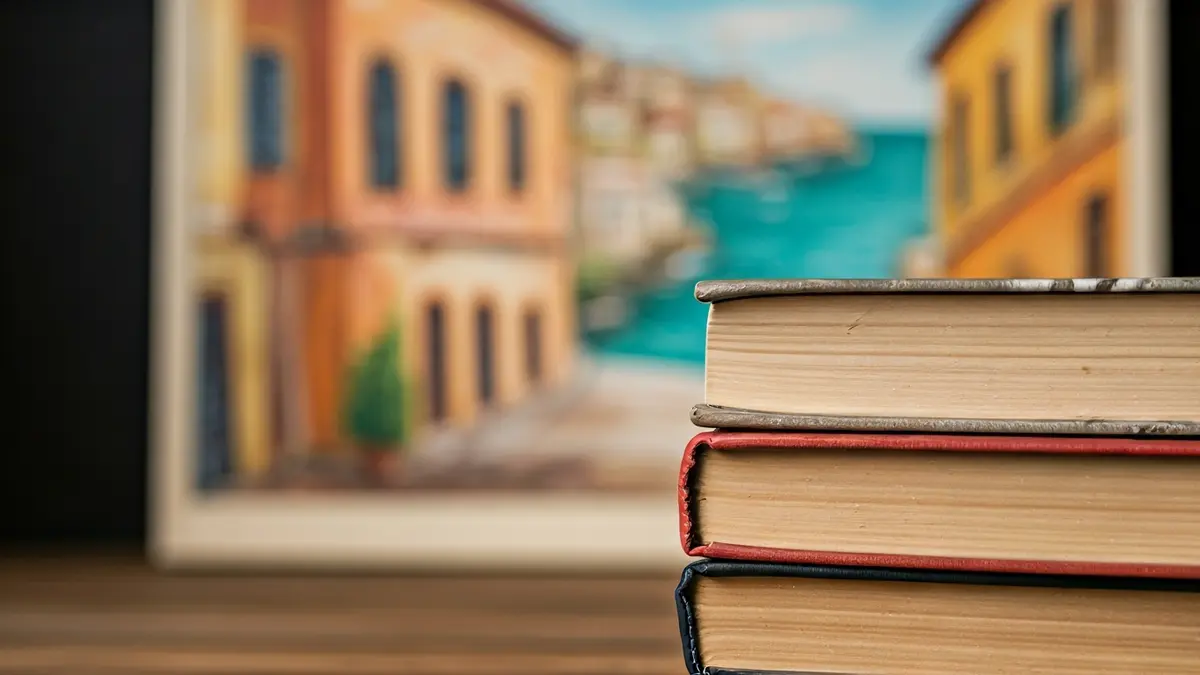 Stack of old books with a watercolor of Algeciras in the background.
