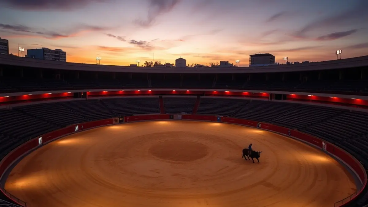 Imagen genérica de una plaza de toros iluminada al atardecer, con el ruedo vacío.