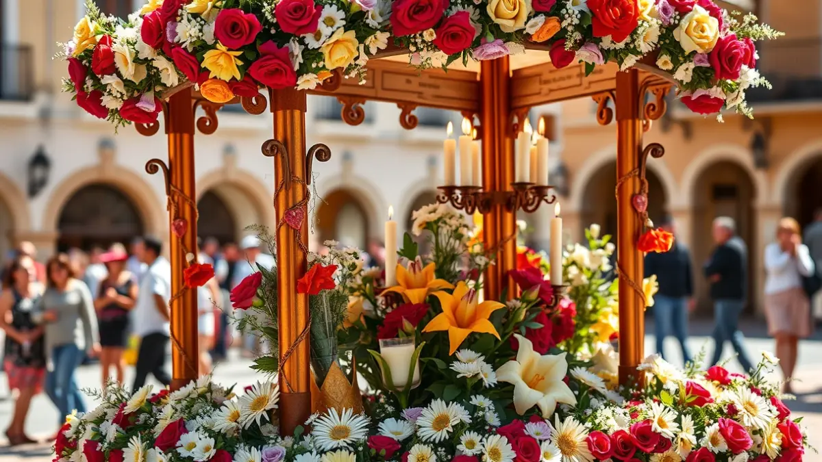 Image of a May Cross decorated with flowers in an Andalusian square.