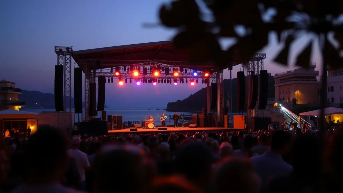 Imagen genérica de un escenario de conciertos al aire libre al atardecer.