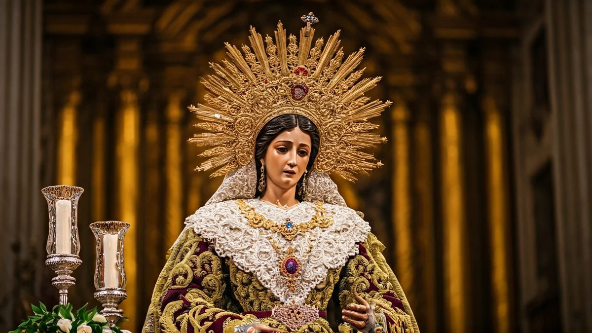 Imagen de una virgen dolorosa en una iglesia, con detalles de su vestimenta y joyas.