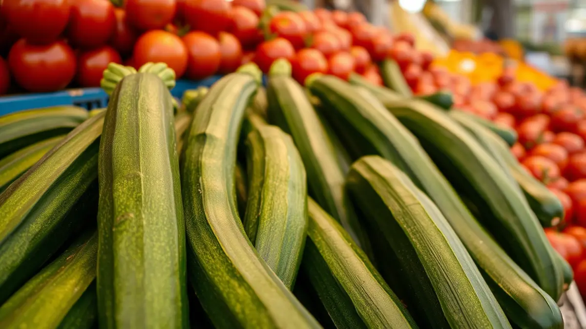 Generic image of fresh zucchini and tomatoes in a market.