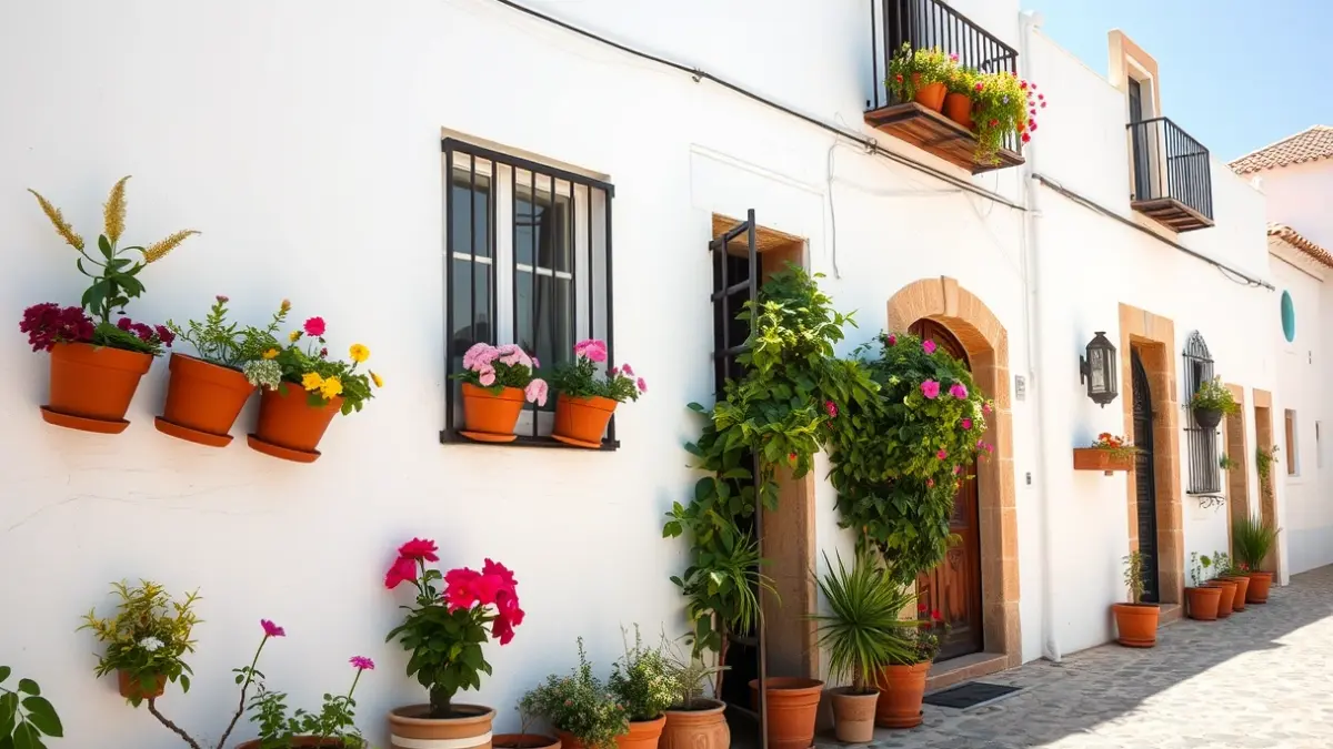 Traditional Andalusian whitewashed facade with potted plants and flowers.