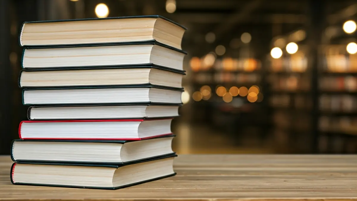 Imagen genérica de libros apilados en una mesa, con un fondo difuminado de una biblioteca.