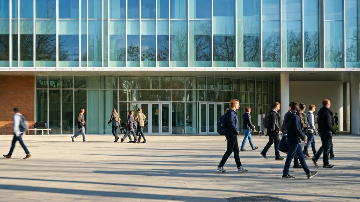 Generic image of a modern university campus with students.