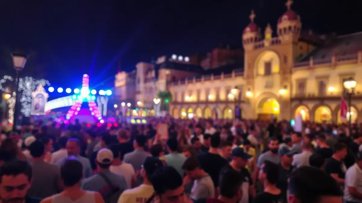 Image of the Feria de Abril in Seville with lights and festive atmosphere.