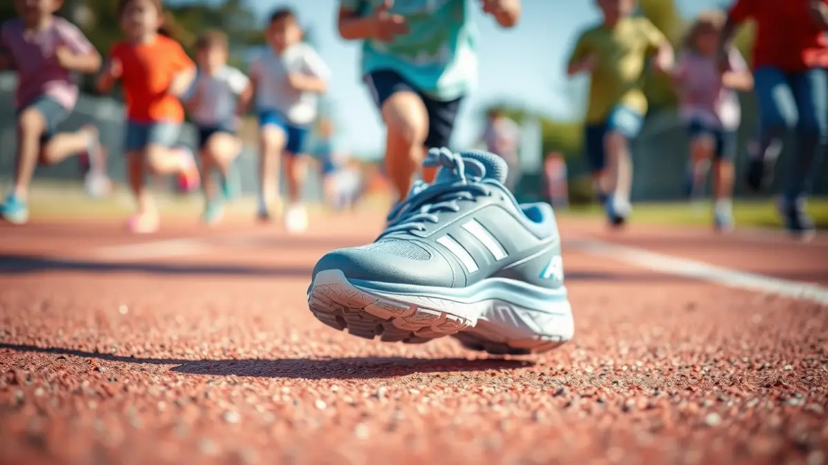 Generic image of children's running shoes on an athletic track.