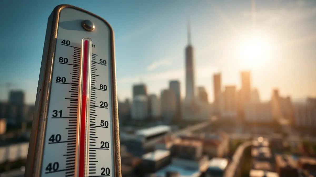 Imagen genérica de un termómetro con un fondo urbano borroso bajo un sol intenso, simbolizando el impacto del clima en la salud.