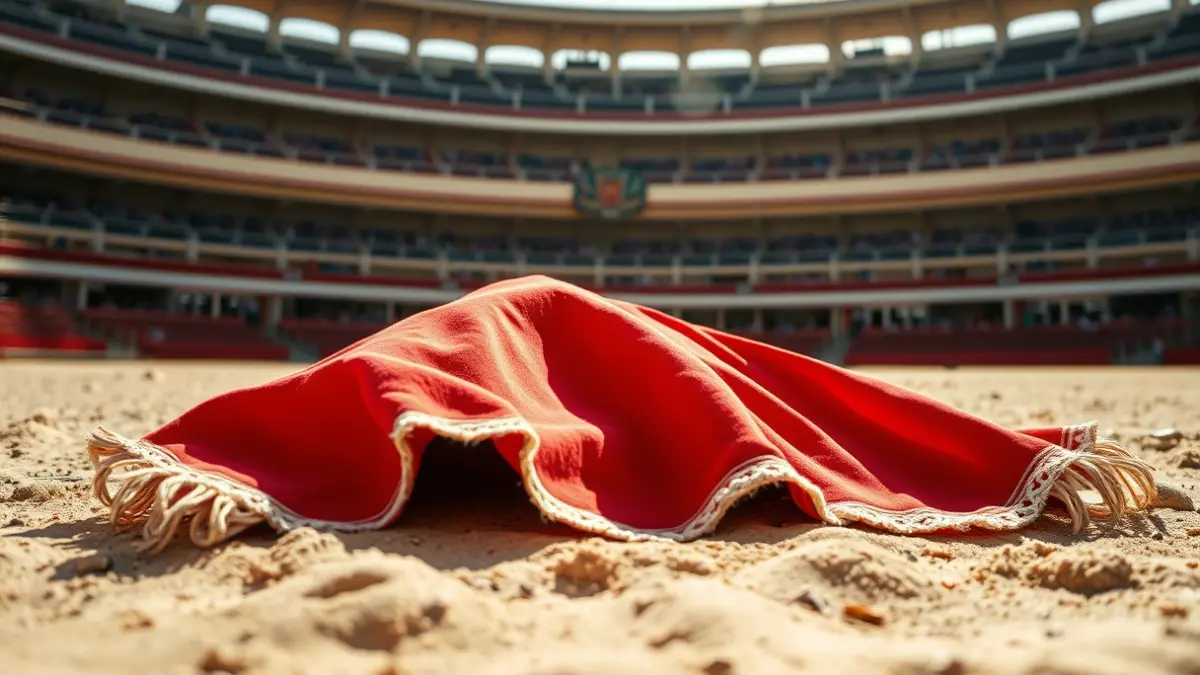 Bullfighter's cape on the sand of a bullring, with blurred audience in the background.