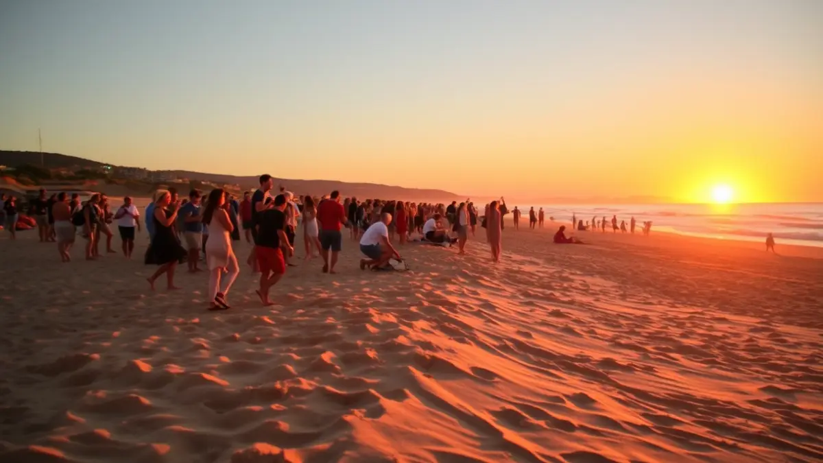 Image of a beach at sunset in Andalusia with dunes and people enjoying a festival.