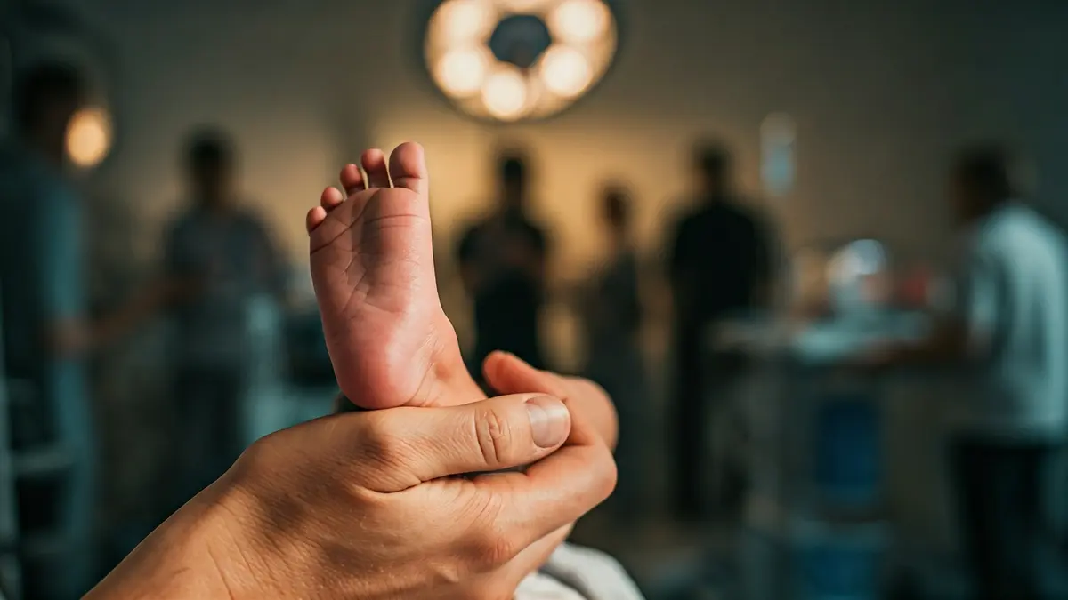 Generic image of a medical professional's hands holding a newborn's foot.