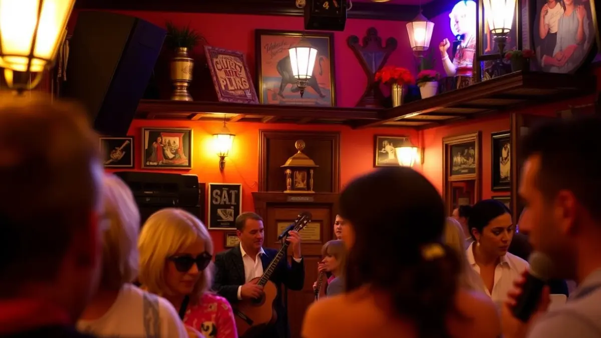 Interior of a flamenco bar in Córdoba with traditional decor and a festive atmosphere.