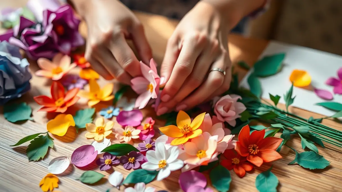 Manos elaborando flores artificiales para las Cruces de Mayo en Córdoba.