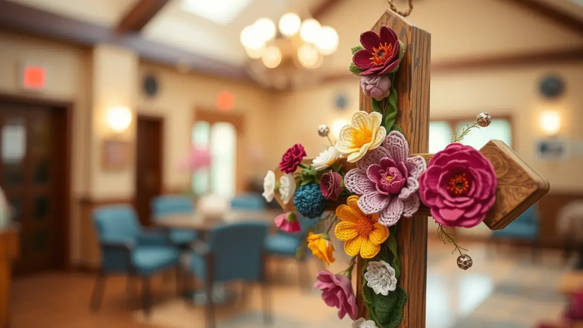 Image of a cross decorated with flowers and recycled materials in an active participation center.