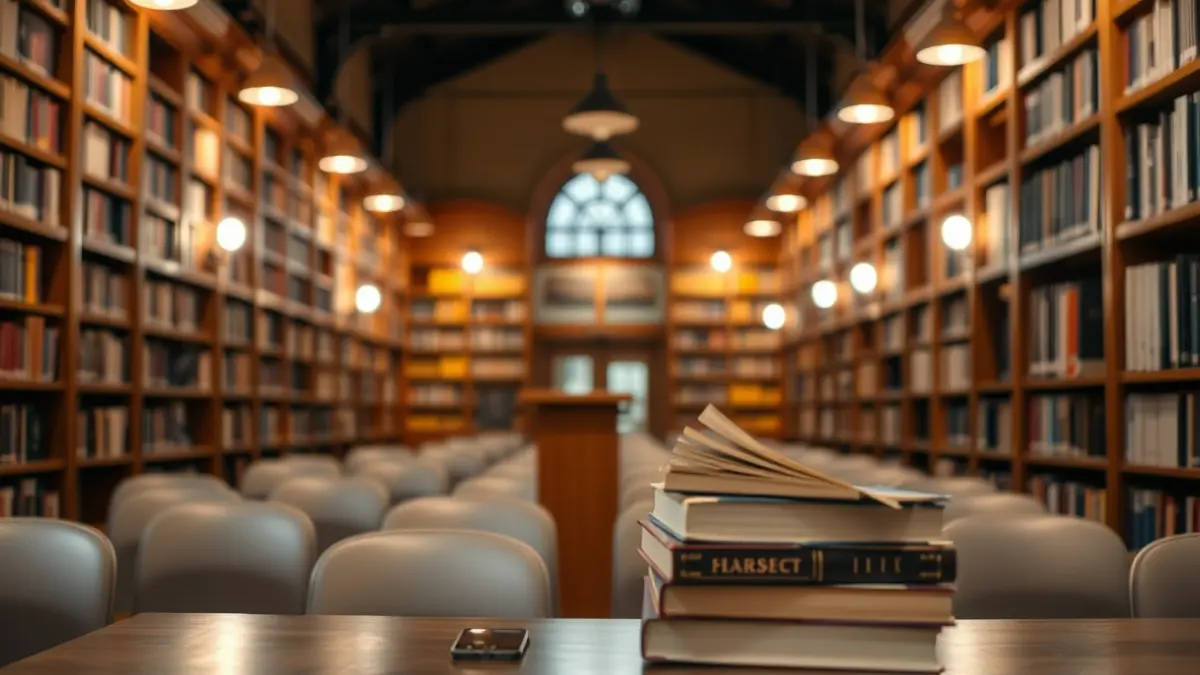 Imagen genérica de un ambiente de aprendizaje o exposición cultural, con libros y un micrófono.
