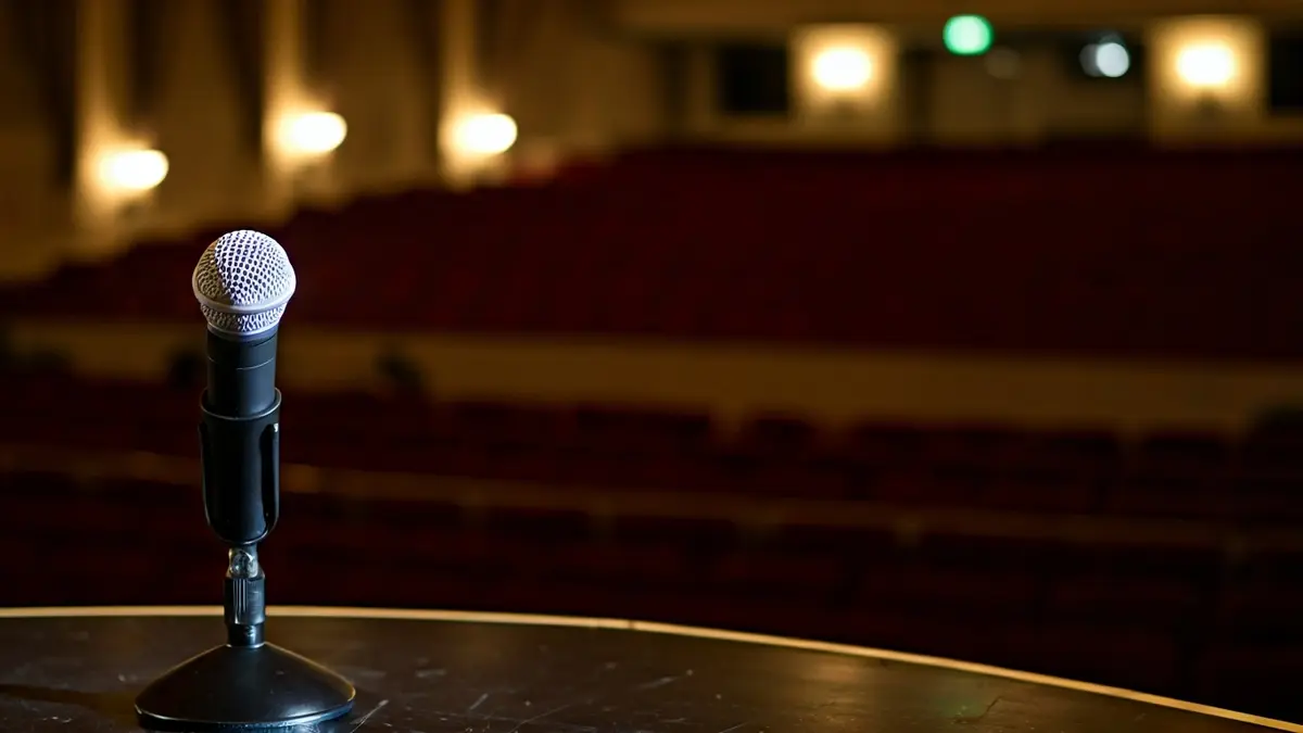 Imagen genérica de un micrófono en un escenario de teatro, con asientos borrosos al fondo.