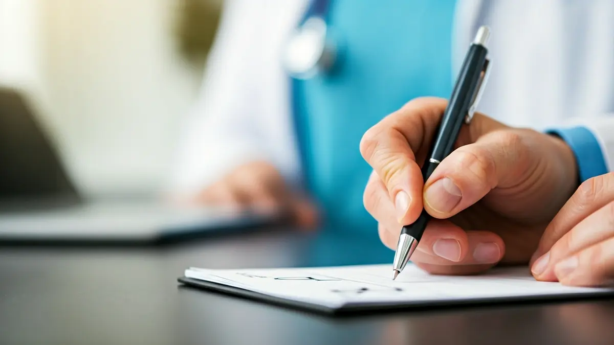 Imagen genérica de una mano de médico escribiendo una receta en un consultorio.