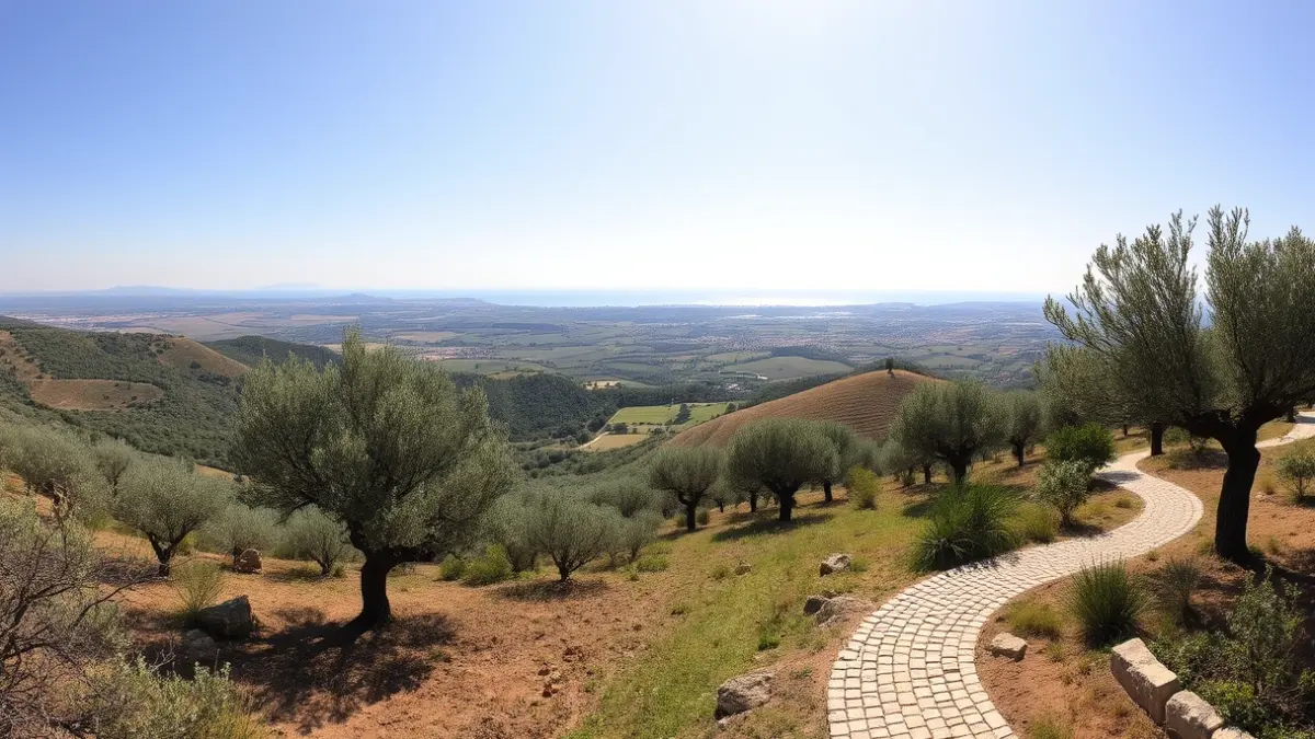 Image of a circular trail in an Andalusian rural landscape with orchards and panoramic views.