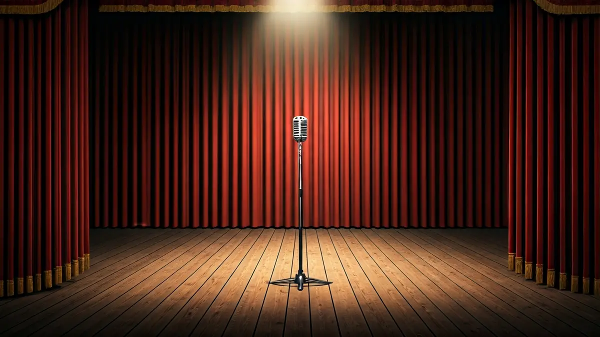 Imagen genérica de un escenario de teatro con cortinas rojas y un micrófono.
