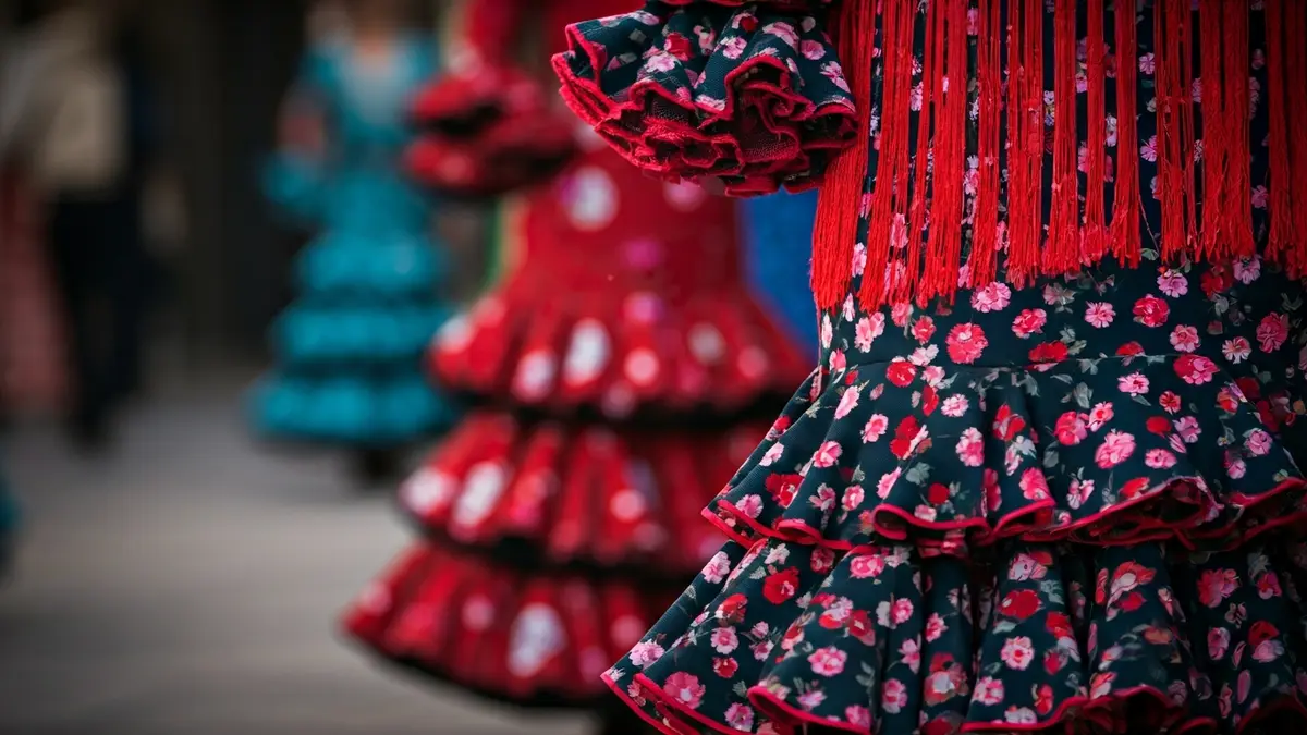 Imagen genérica de un tejido de traje de flamenca con volantes y colores vivos.