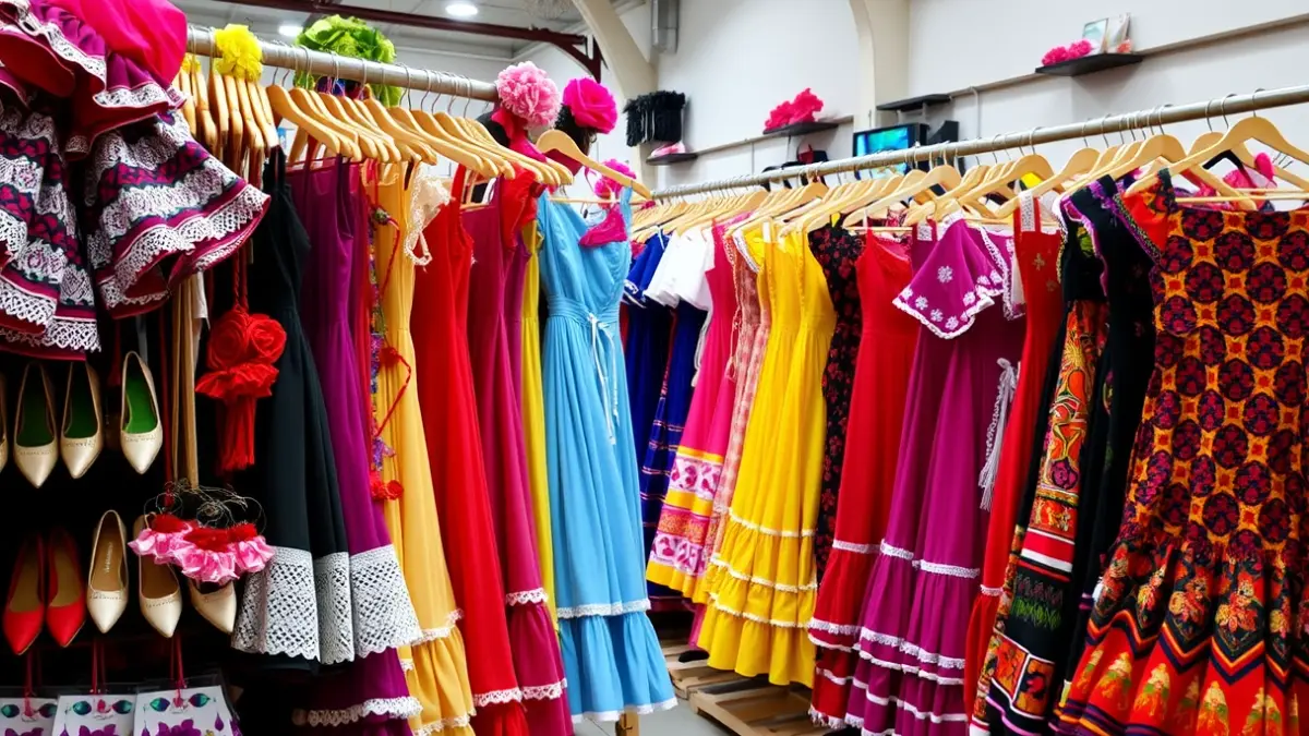 Exposición de trajes de flamenca en un mercadillo solidario.