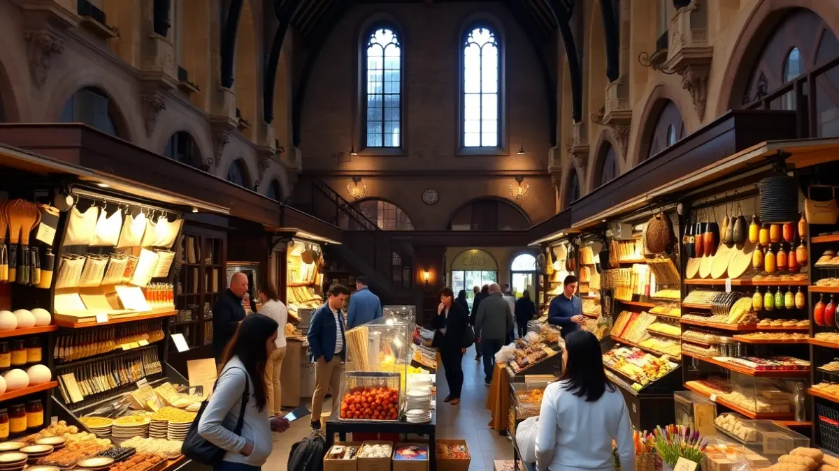 Image of an artisanal and gastronomic market inside a historic building.