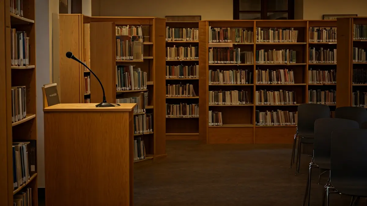 Generic image of a book presentation in a library or auditorium.