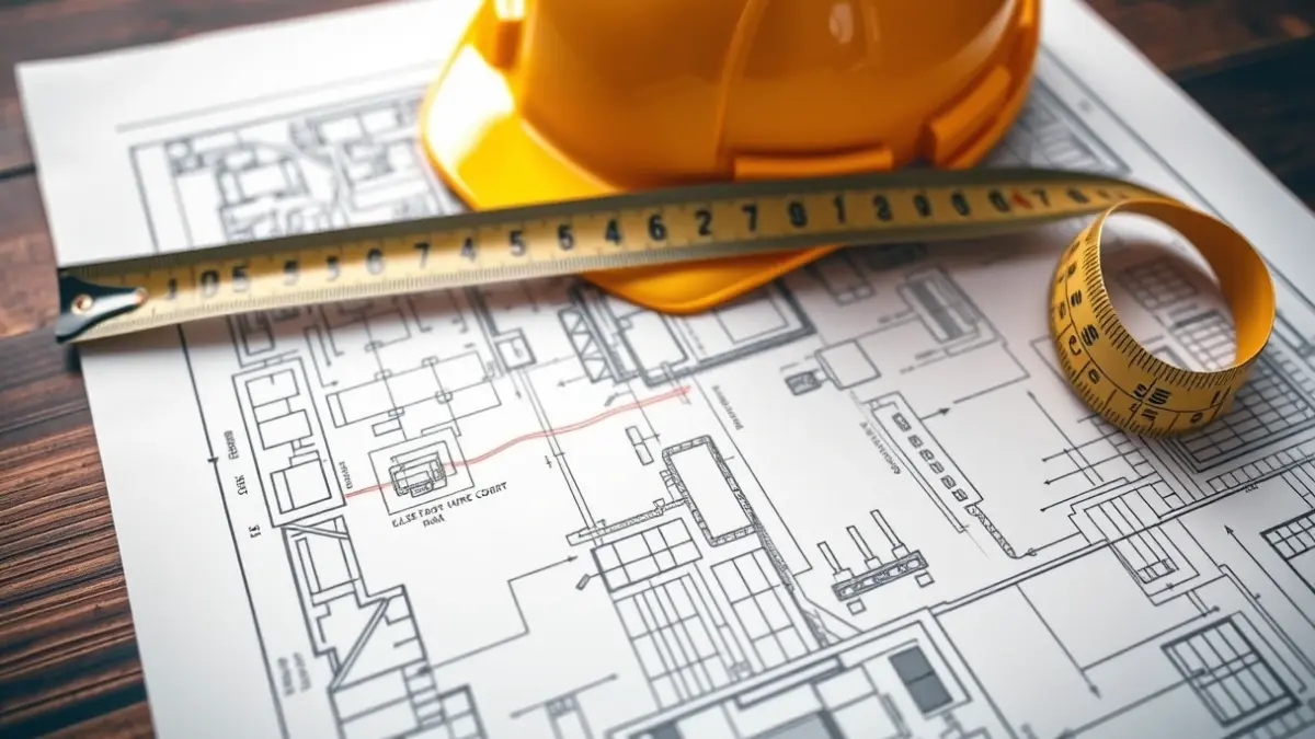Generic image of a construction blueprint with a hard hat and measuring tape.
