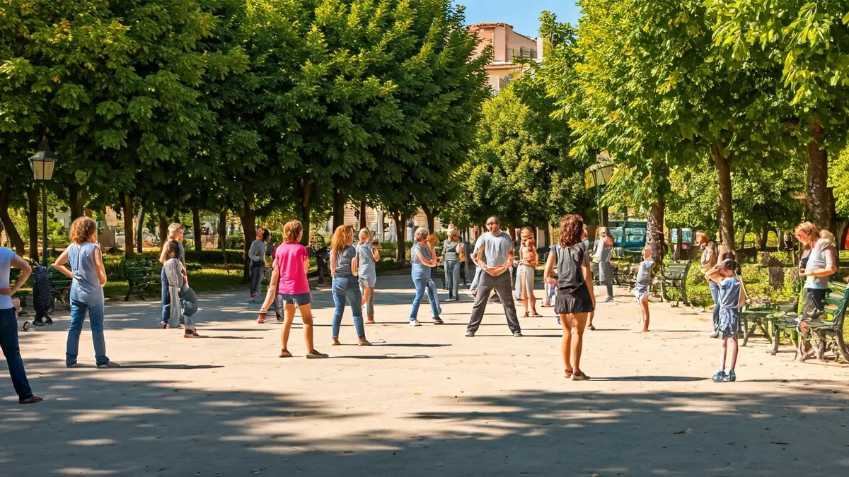 Imagen genérica de personas participando en actividades de bienestar en un parque urbano.