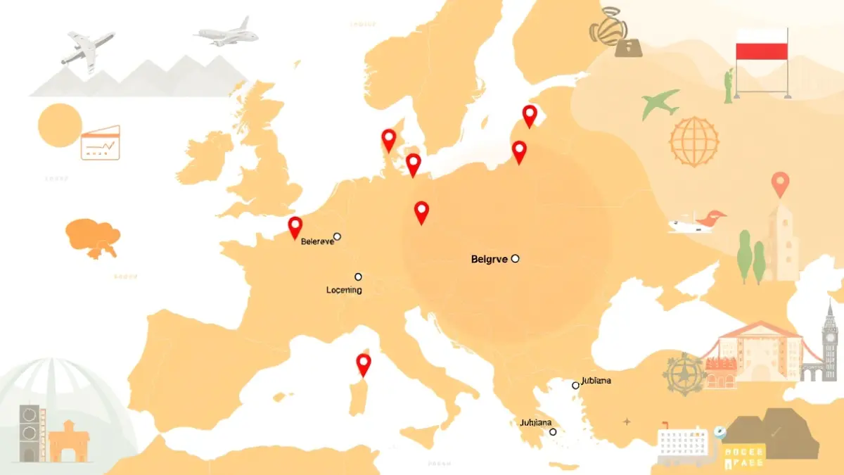 Map of the Balkans with city markers and tourism elements.