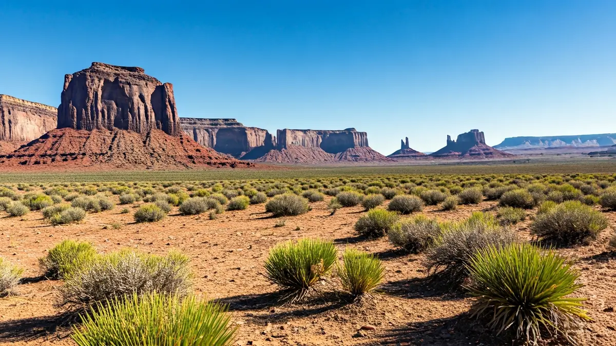Imagen genérica de un paisaje desértico que evoca el Lejano Oeste, con montañas y vegetación escasa bajo un cielo azul.