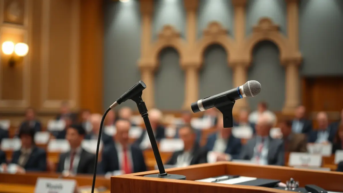 Generic image of a microphone on a podium during a political event.