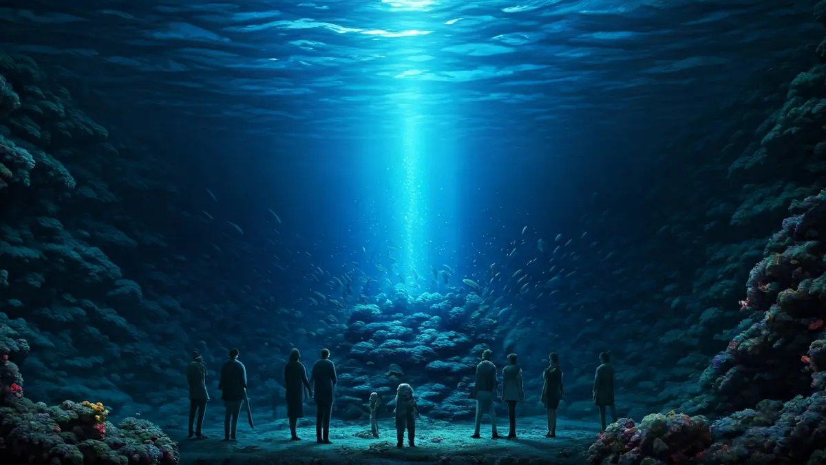 Imagen de una luz azul intensa bajo el agua, evocando un fenómeno submarino no identificado.