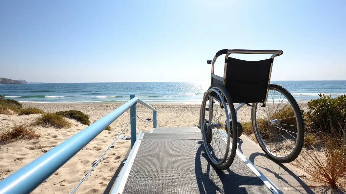 Image of a wheelchair access ramp on a beach, symbolizing inclusive tourism.