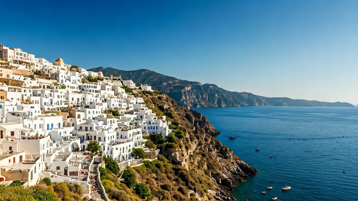 Image of a Mediterranean coastal town with white houses and sea views.
